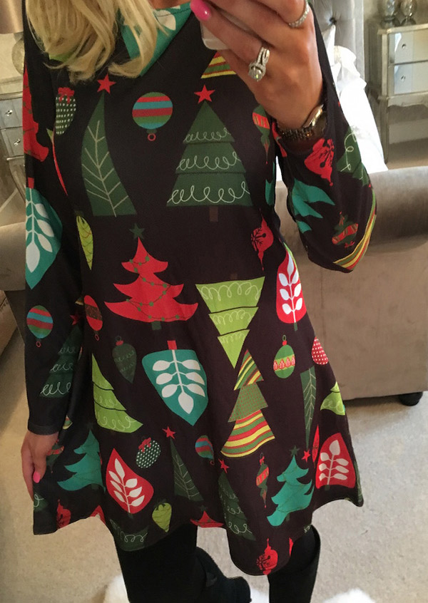 

Christmas Tree Printed O-Neck Mini Dress, Black, 100651