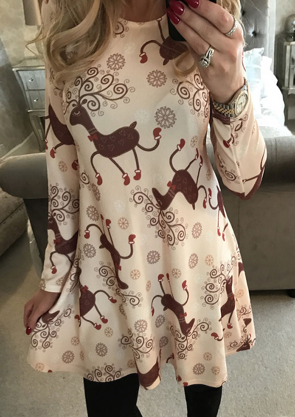 

Christmas Reindeer Snowflake Mini Dress, Apricot, 101405