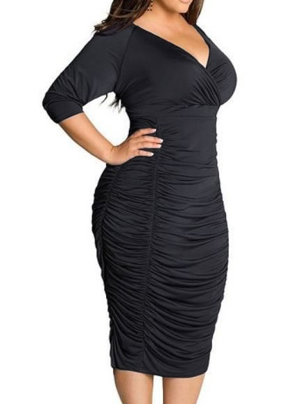 Solid Ruched Plus Size Bodycon Dress Without Necklace - Fairyseason