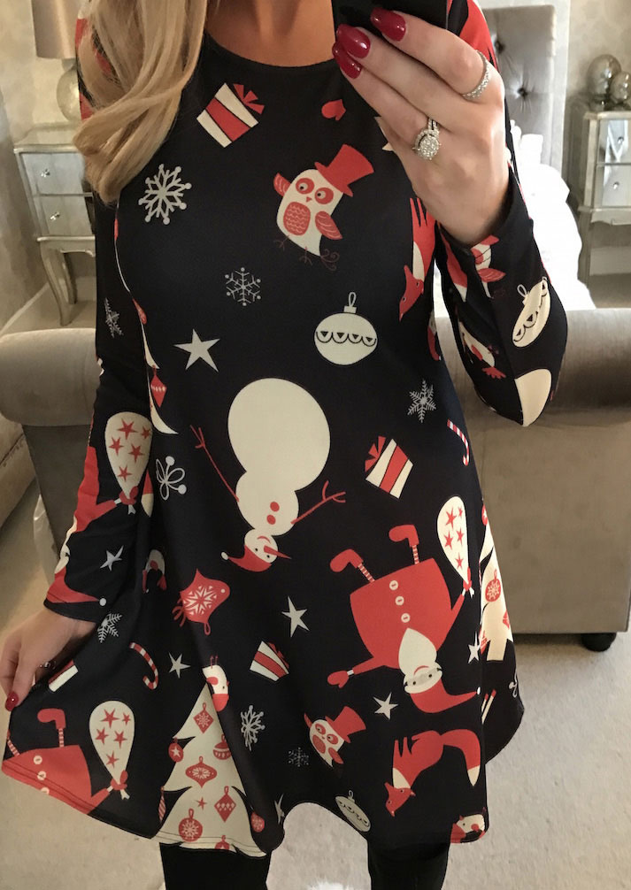 

Christmas Snowman Printed Dress, Black, 99657