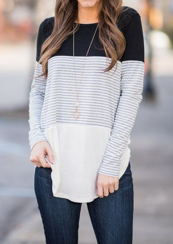 

Blouses Striped Splicing Asymmetric O-Neck Blouse without Necklace in Black. Size