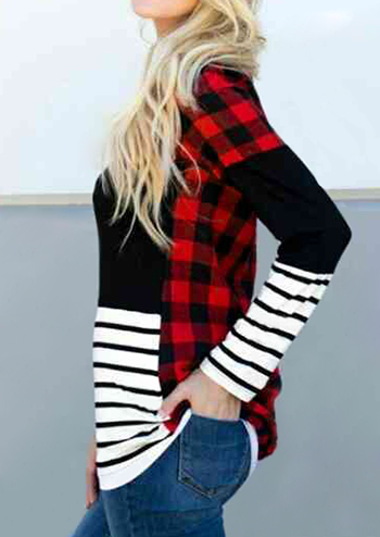 Plaid Splicing Striped O-Neck Blouse - Multicolor