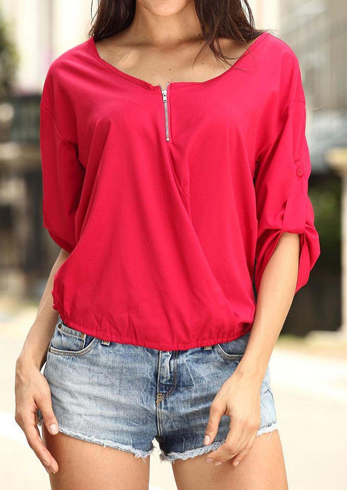 

Solid Zipper Tab-Sleeve Blouse, Black;red, 70384