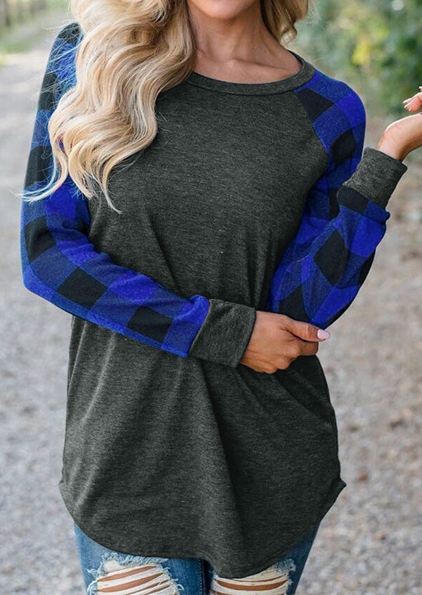 

Plaid Splicing O-Neck Long Sleeve T-Shirt, Blue;gray;red, 173720