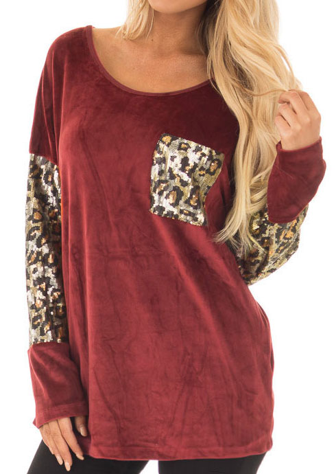 

Leopard Printed Sequined Pocket Blouse, Black;brick red, 174632