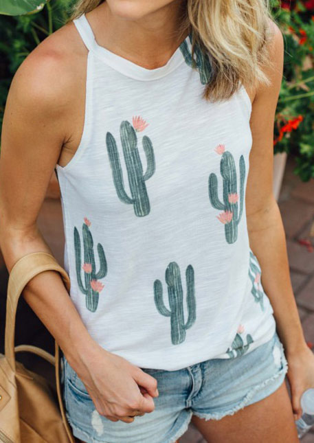 

Cactus Printed Sleeveless Tank, White, 126322