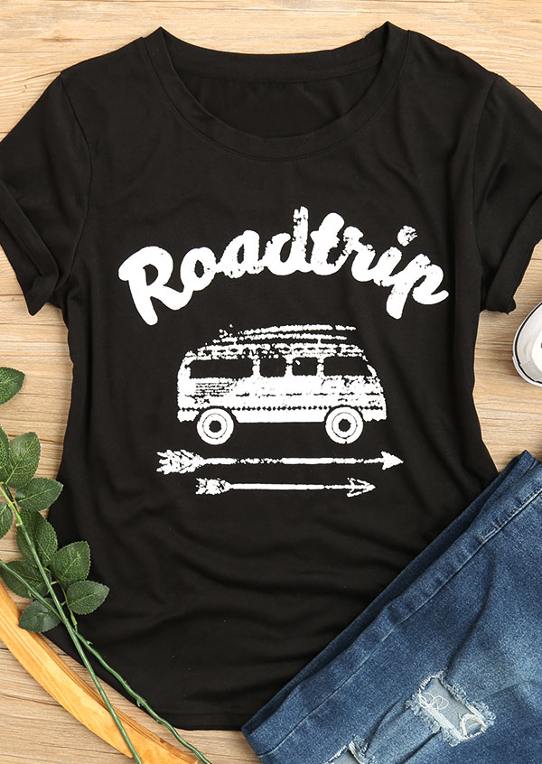

Road Trip Arrow O-Neck T-Shirt Tee - Black, 136543