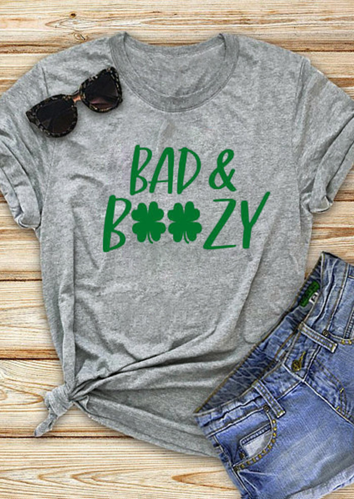 

Bad and Boozy Shamrock St. Patrick' Day T-Shirt Tee - Gray