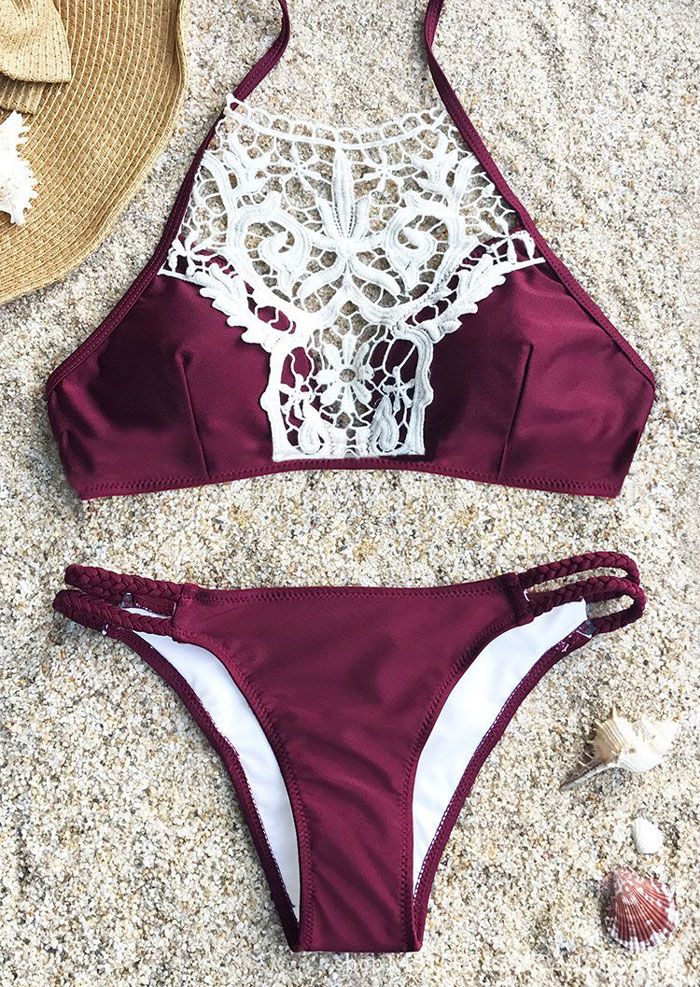 

Lace Splicing Halter Bikini Set, Plum, 184583