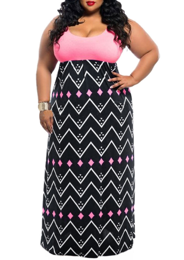 

Plus Size Zigzag Splicing Sleeveless Maxi Dress, Pink, 185831