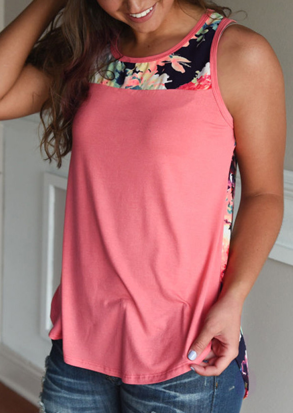 Tank Tops Floral Splicing O-Neck Tank Top in Pink. Size: S