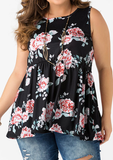 Plus Size Floral Ruffled Tank without Necklace