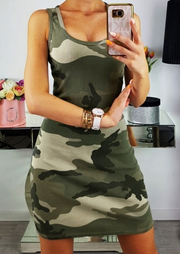 

Camouflage Printed Sleeveless Bodycon Dress, 403060
