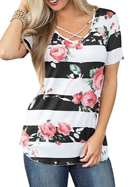 

Floral Striped Criss-Cross Blouse, Black;gray;navy blue, 404814