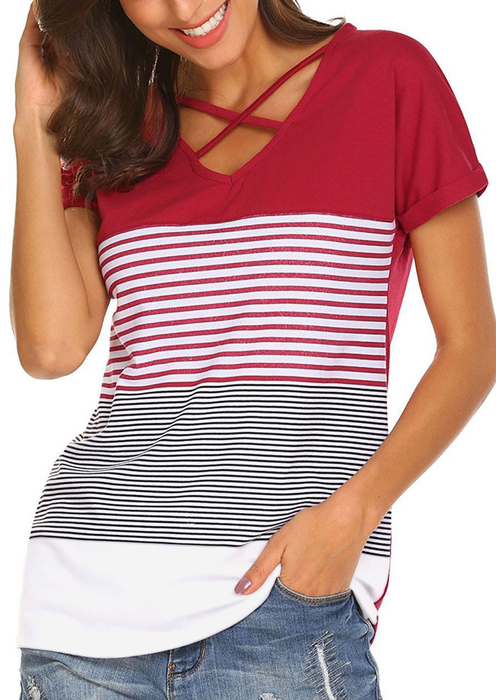 Striped Criss-Cross V-Neck T-Shirt Price: 16.59.