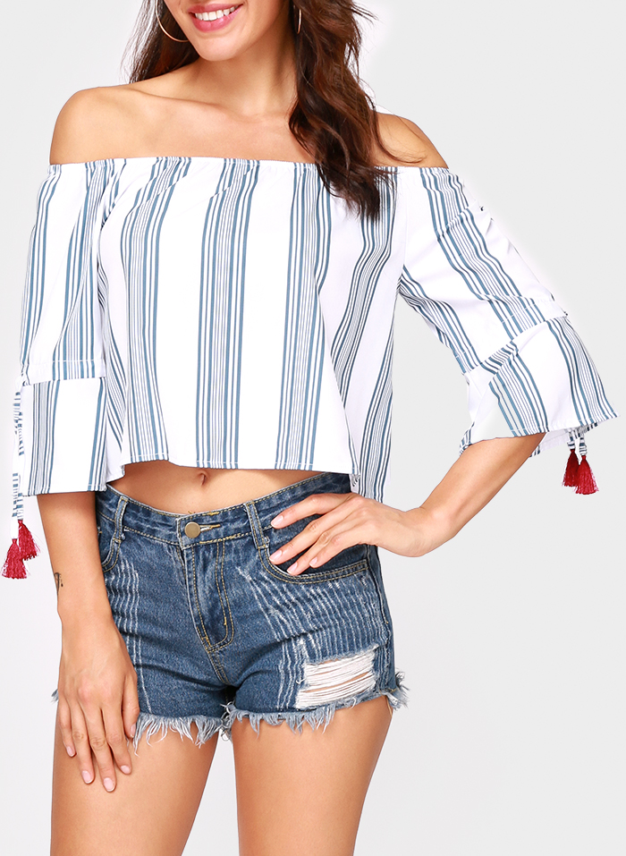 Striped Off Shoulder Tassel Splicing Blouse