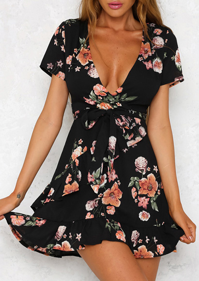 

Floral Ruffled Deep V-Neck Mini Dress - Black, 406023
