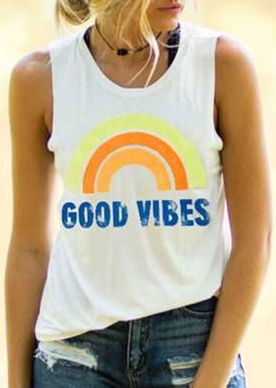 Good Vibes O-Neck Rainbow Tank, White, 406706