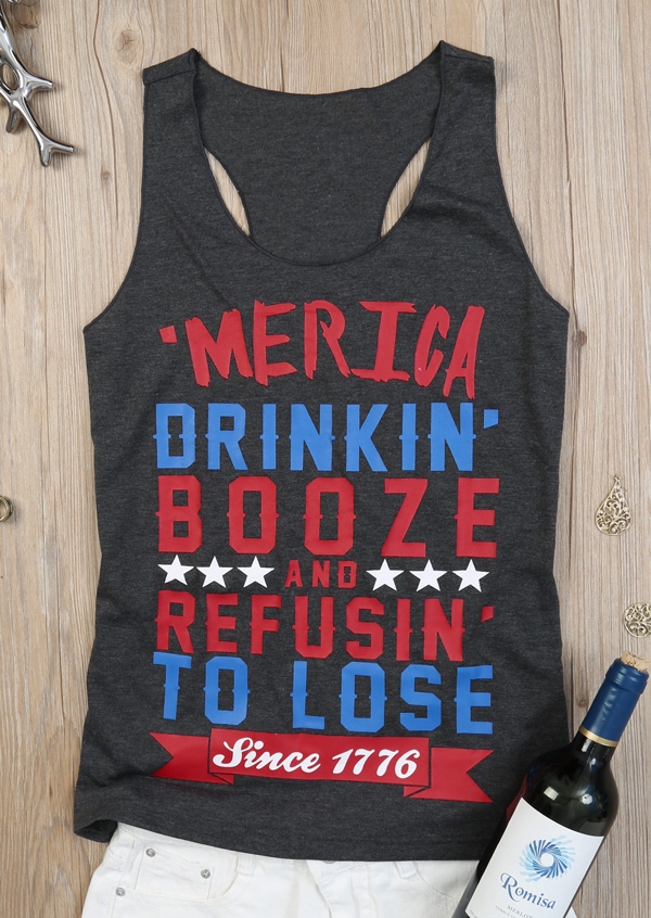 

Tank Tops 'Merica Drinkin' Booze Refusin' To Lose Tank in Gray. Size