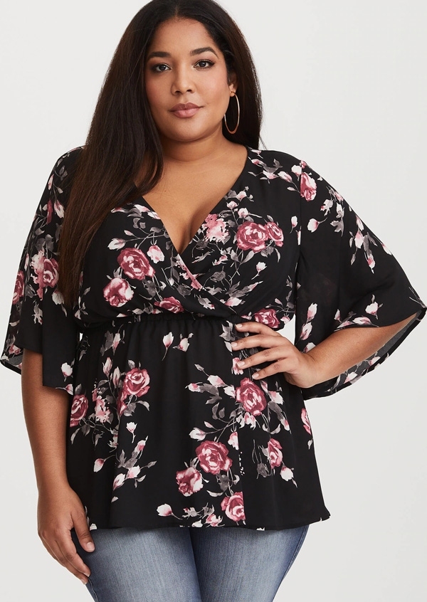 Plus Size Floral Flare Sleeve Wrap Blouse Fairyseason