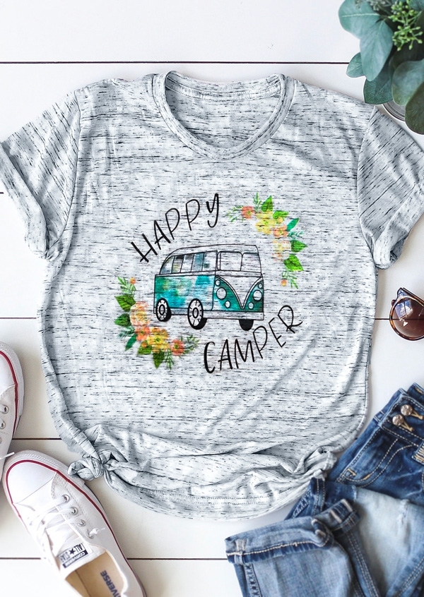 

Happy Camper Floral O-Neck T-Shirt, Gray, 411809