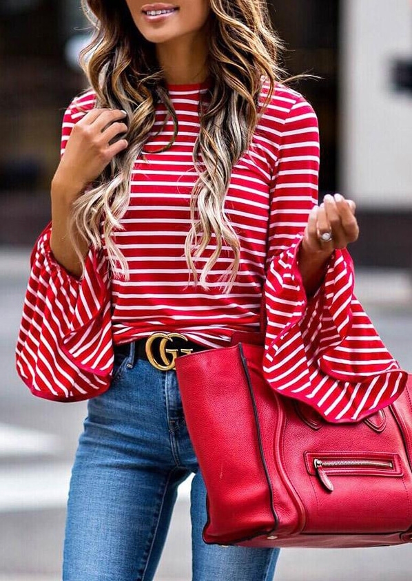 

Striped Flare Sleeve Blouse, 414230, Red