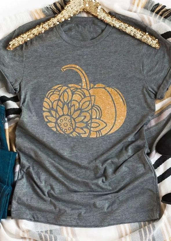 

T-shirts Tees Floral Pumpkin Short Sleeve T-Shirt Tee in Gray. Size