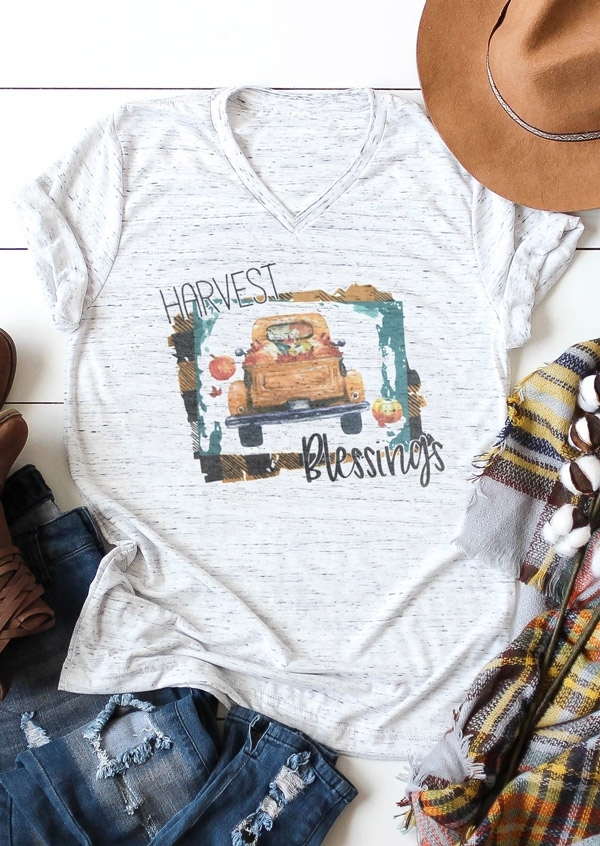

Harvest Blessings V-Neck T-Shirt Tee, Light grey, 417926