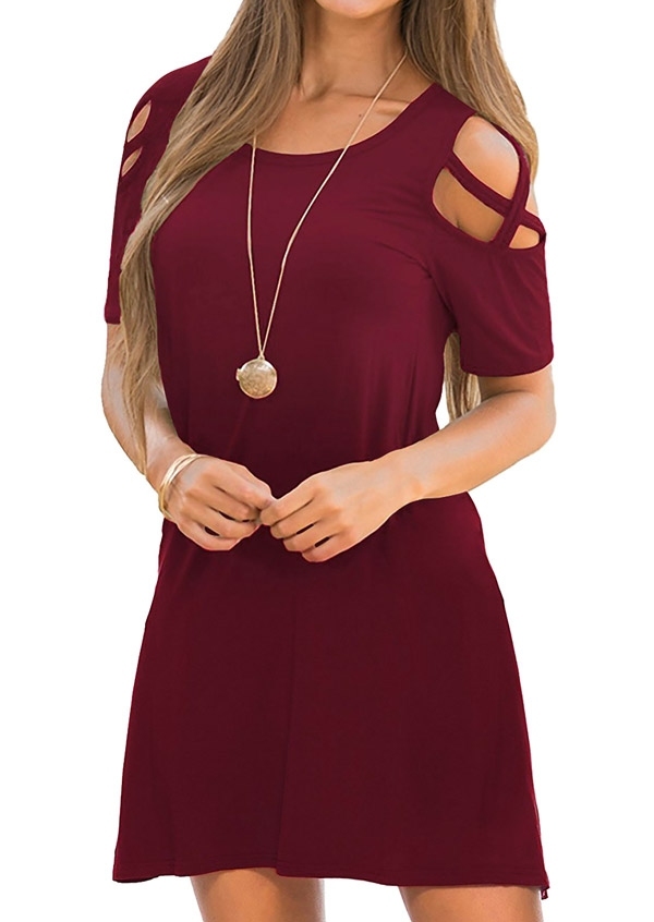 

Solid Cold Shoulder Criss-Cross Mini Dress without Necklace, Black;gray;burgundy, 418212