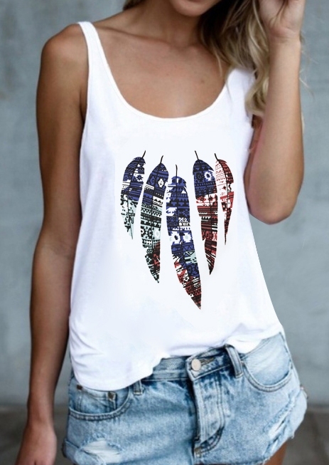 

Feather Printed Casual Tank - White, 418666