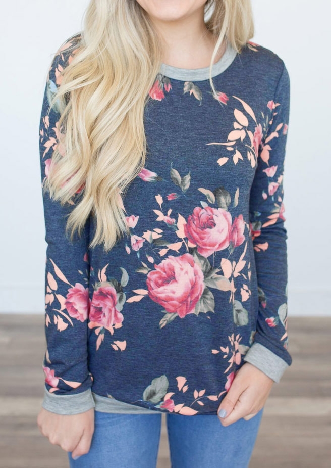 

Floral Long Sleeve O-Neck T-Shirt, 150533, Gray