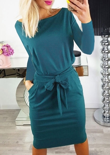 

Solid O-Neck Pocket Casual Dress, 419685, Black;cyan;burgundy