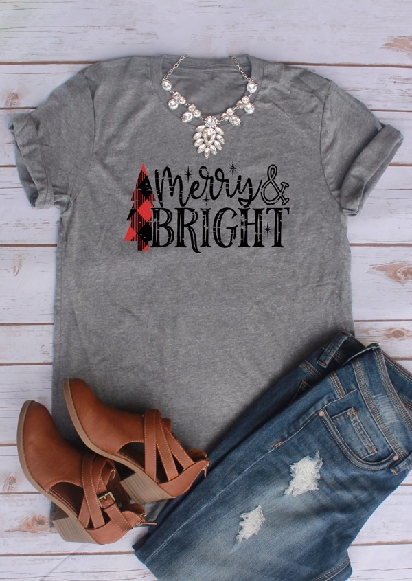 

Merry & Bright O-Neck T-Shirt Tee, Gray, 420409