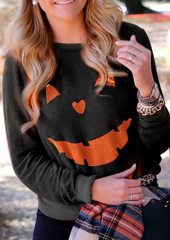 

Halloween Pumpkin Printed Casual Sweatshirt, Black, 157121