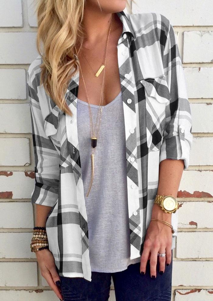

Plaid Pocket Tab-Sleeve Shirt Without Necklace, White, 87396