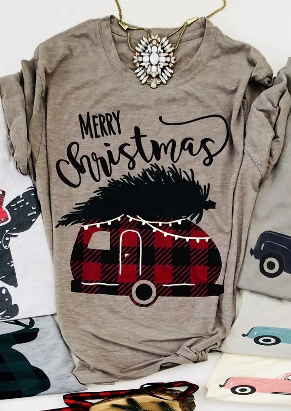 

T-shirts Tees Merry Christmas Plaid Car T-Shirt Tee in Light Coffee. Size