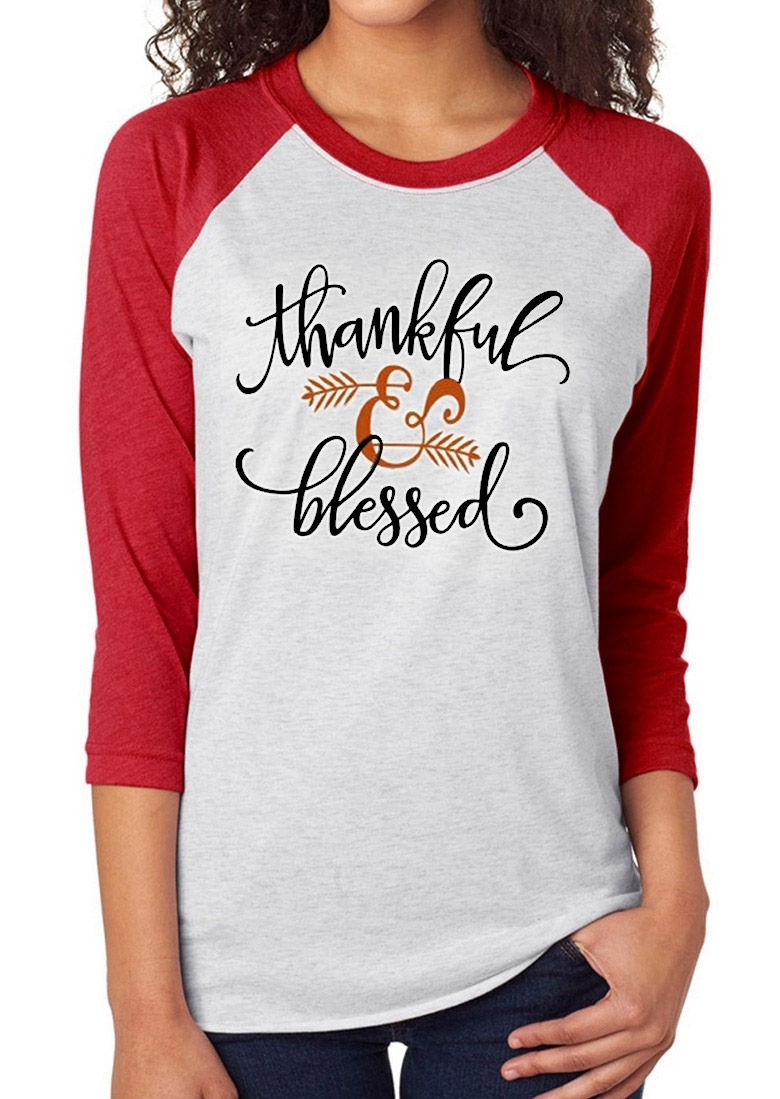 

Thankful Blessed Arrow Printed Casual T-Shirt, 98091, Black;red