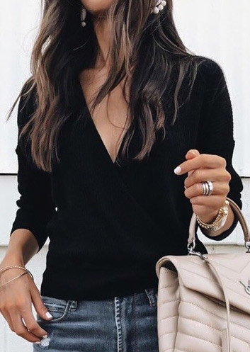 

Solid Wrap V-Neck Long Sleeve Blouse, Black;dark grey;apricot, 424047