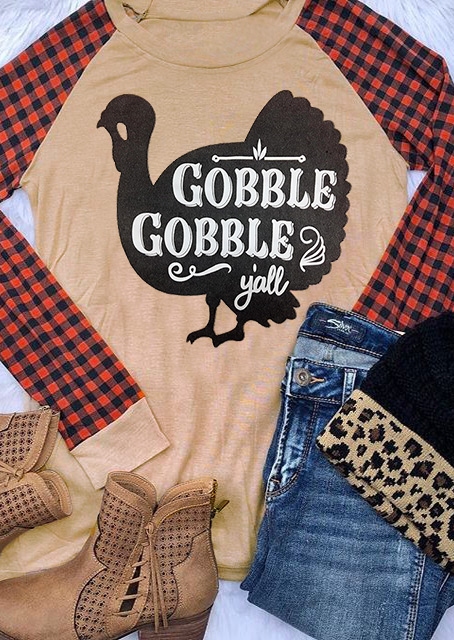 

Turkey Plaid Gobble Y'all Baseball T-Shirt, Light khaki, 424337