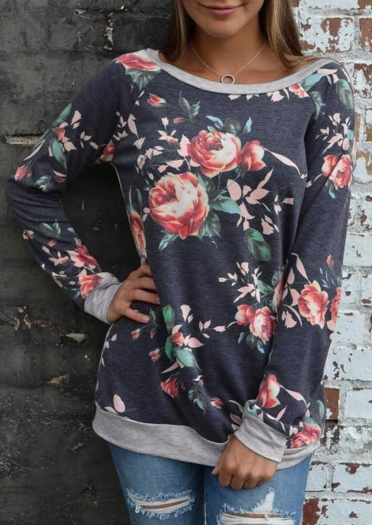 

Floral Splicing O-Neck T-Shirt without Necklace, White;gray, 150215