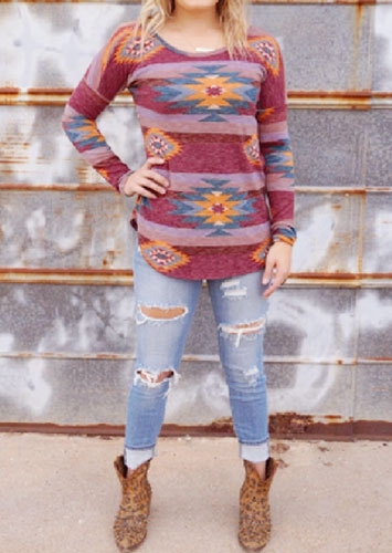

Tees T-shirts Geometric Printed Long Sleeve T-Shirt in White,Burgundy. Size: S,M,,XL