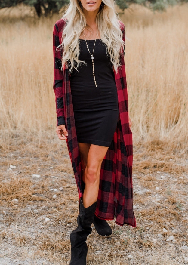 

Plaid Long Sleeve Cardigan without Necklace, Red, 426297