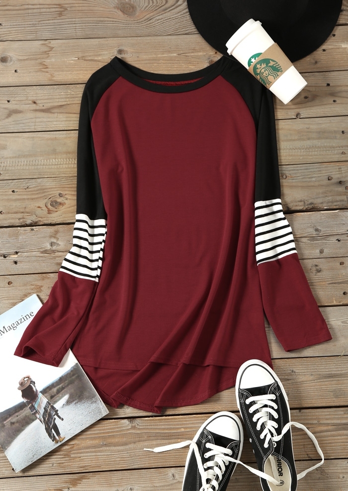 

Striped O-Neck Baseball T-Shirt Tee without Necklace, 429465, Burgundy