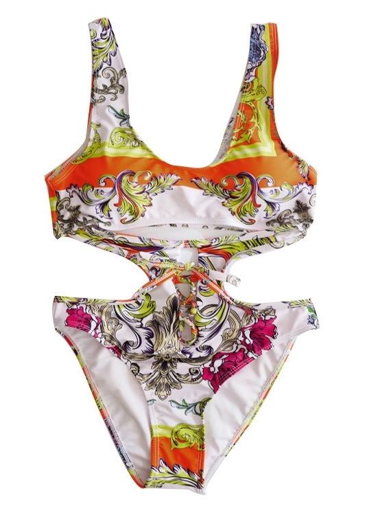 

One-Pieces Swimsuit Floral Lace Up One-Piece Bathing Suit Swimwear without Necklace in White. Size: ,M
