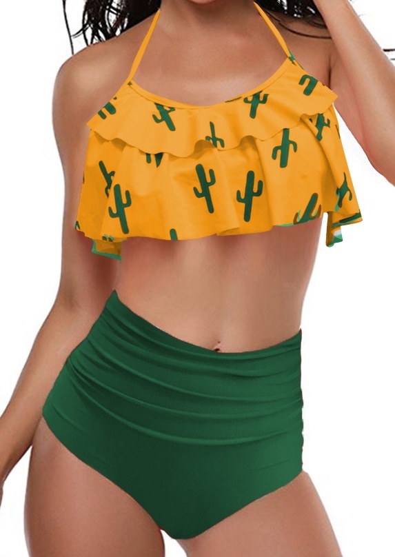 

Cactus Yellow Layered Bikini Top and Green Bottom High Waisted Bikini Set, White