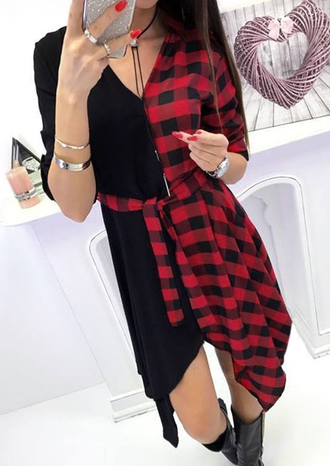 

Plaid Splicing Deep V-Neck Casual Dress without Necklace, Black;red, 433732