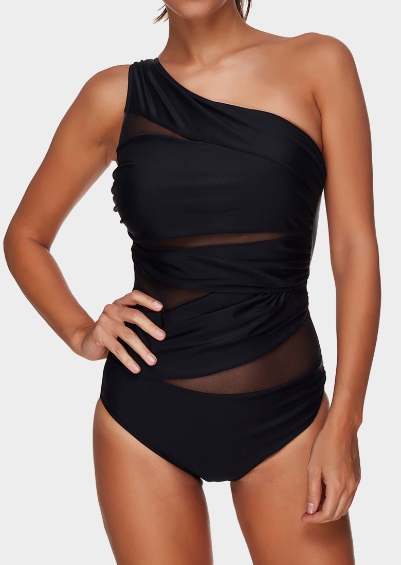 

Solid Mesh Splicing One-Piece Swimsuit - Black, 109276