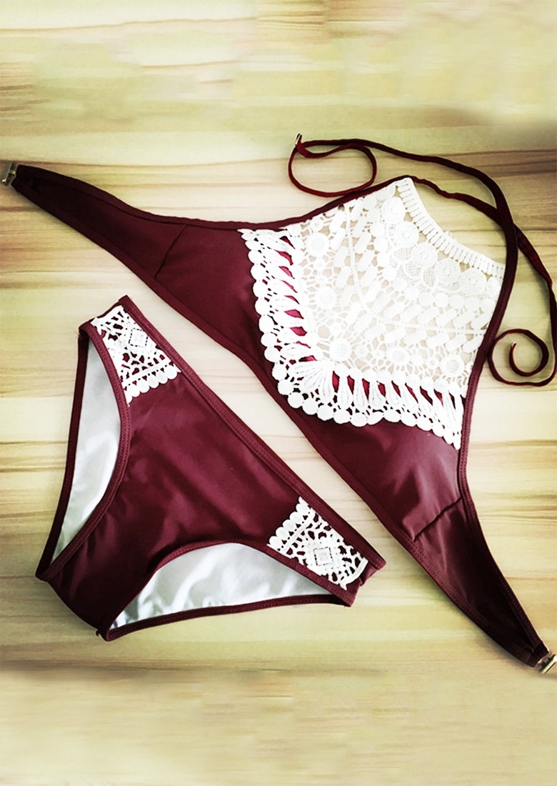 

High Neck Lace Patchwork Bikini Set, Burgundy