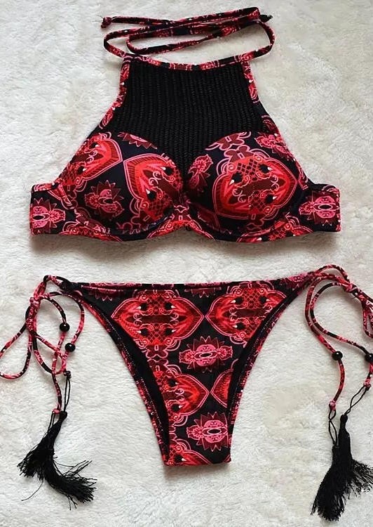 

Bikini Sets Printed Tassel Beaded Halter Bikini Set in Red. Size