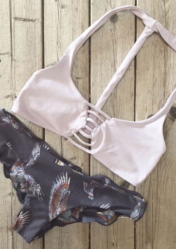 

Birds Printed Hollow Out Sexy Bikini Set, Multicolor, 112975